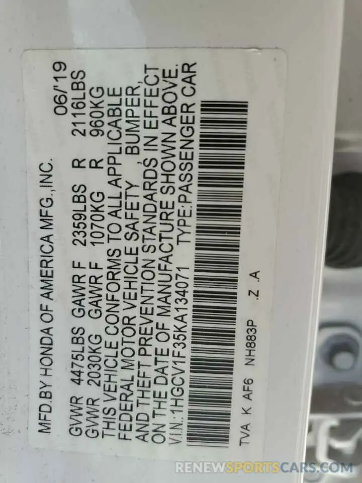 12 fotografías del automóvil dañado 1HGCV1F35KA134071 HONDA ACCORD 2019