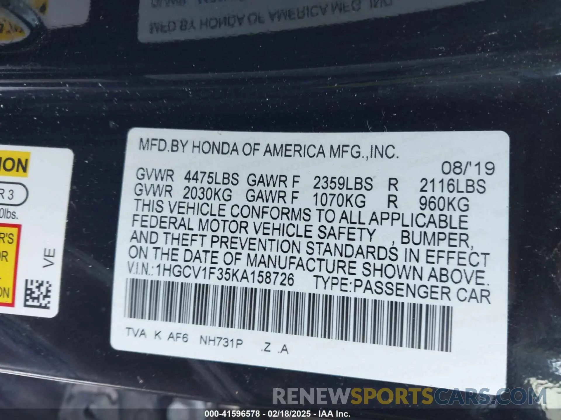 9 fotografías del automóvil dañado 1HGCV1F35KA158726 HONDA ACCORD 2019