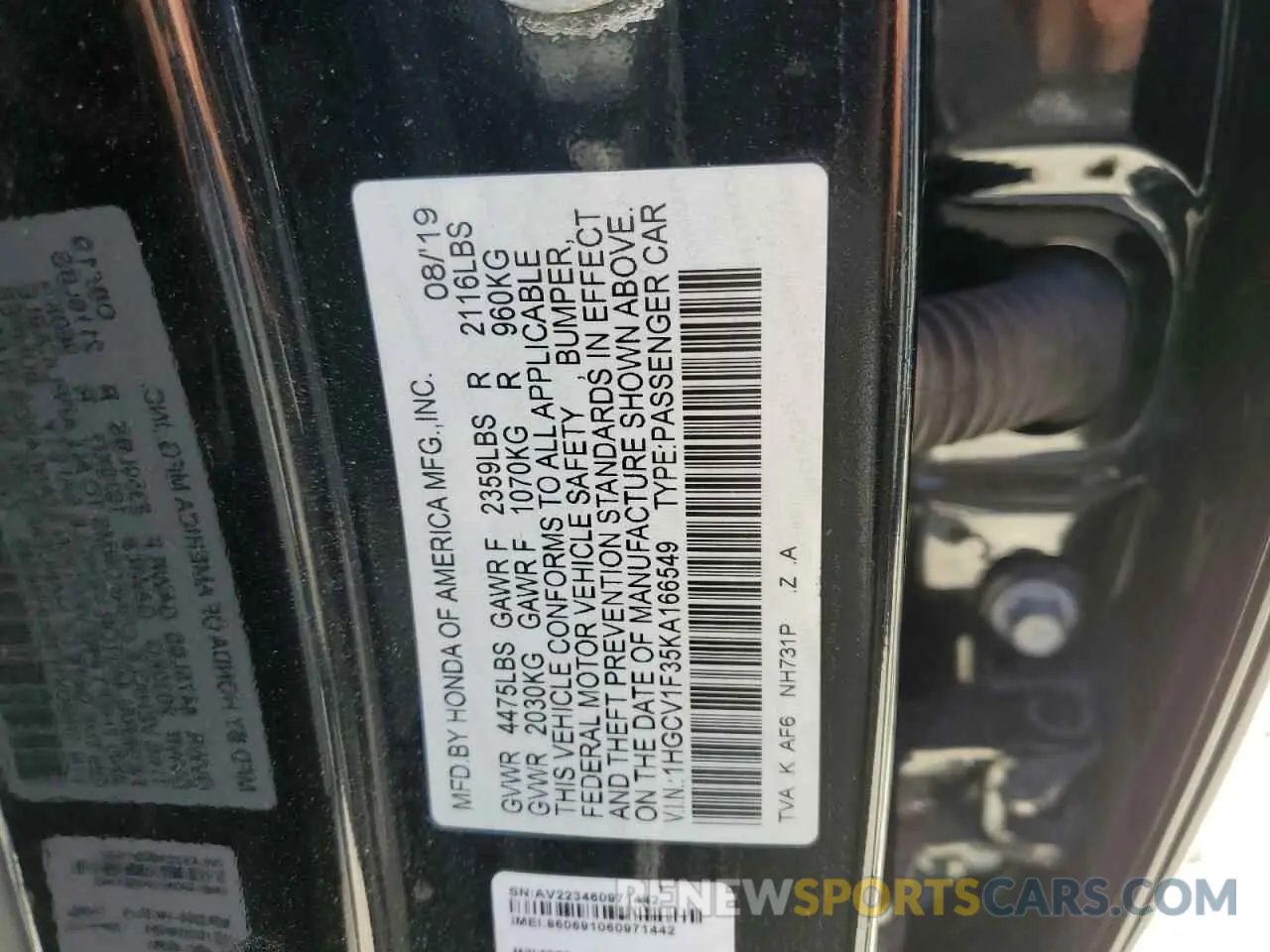 12 fotografías del automóvil dañado 1HGCV1F35KA166549 HONDA ACCORD 2019