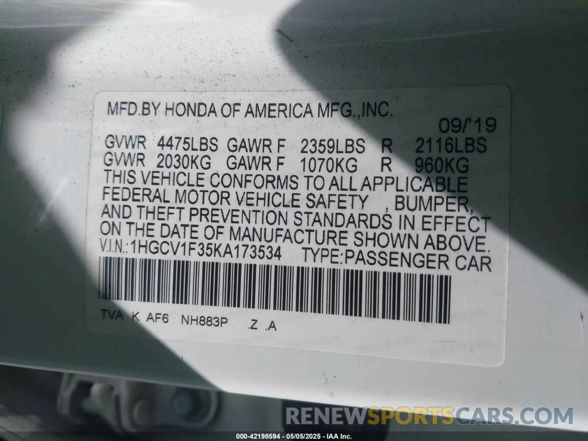 9 fotografías del automóvil dañado 1HGCV1F35KA173534 HONDA ACCORD 2019