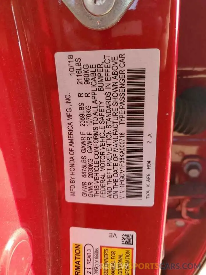 15 fotografías del automóvil dañado 1HGCV1F36KA000718 HONDA ACCORD 2019