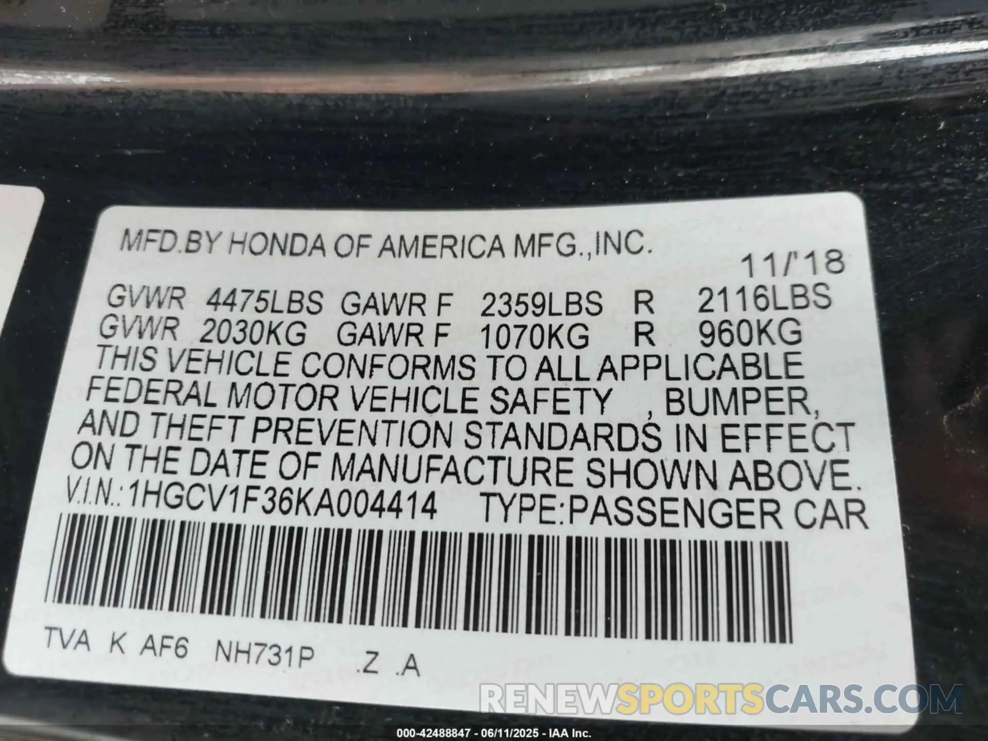 9 fotografías del automóvil dañado 1HGCV1F36KA004414 HONDA ACCORD 2019