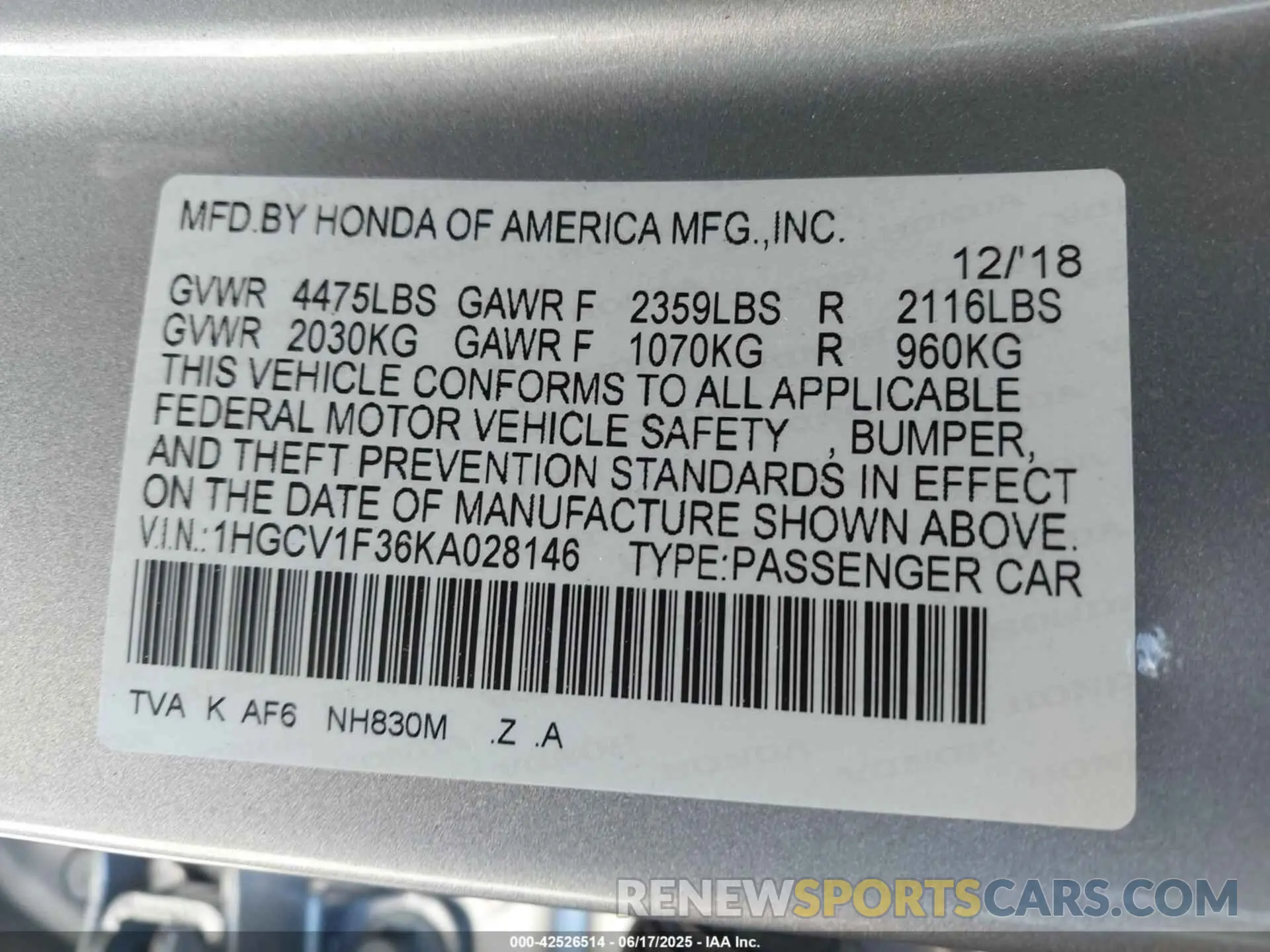 9 fotografías del automóvil dañado 1HGCV1F36KA028146 HONDA ACCORD 2019