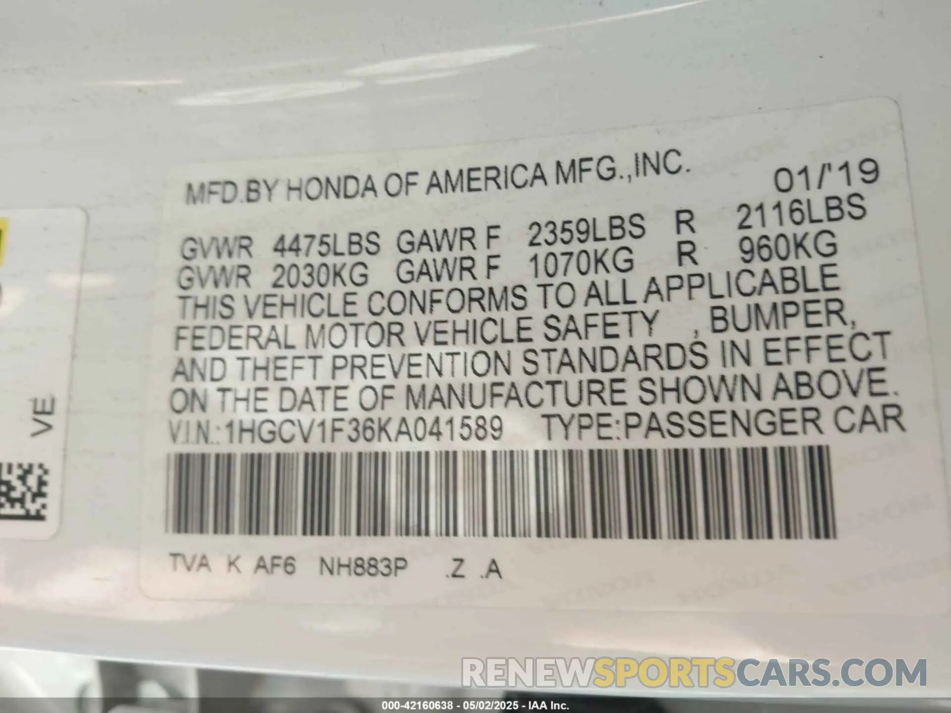9 fotografías del automóvil dañado 1HGCV1F36KA041589 HONDA ACCORD 2019