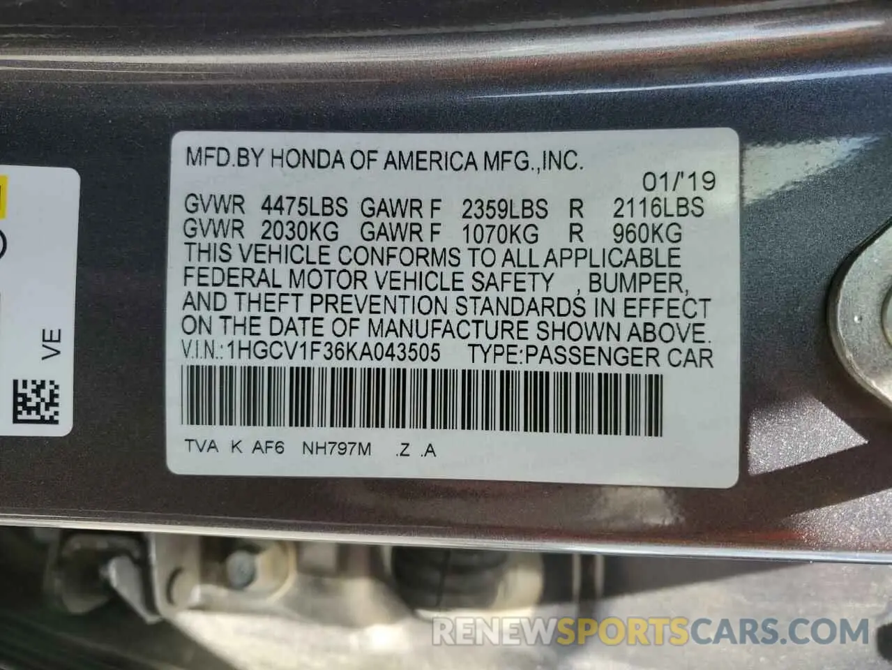 12 fotografías del automóvil dañado 1HGCV1F36KA043505 HONDA ACCORD 2019