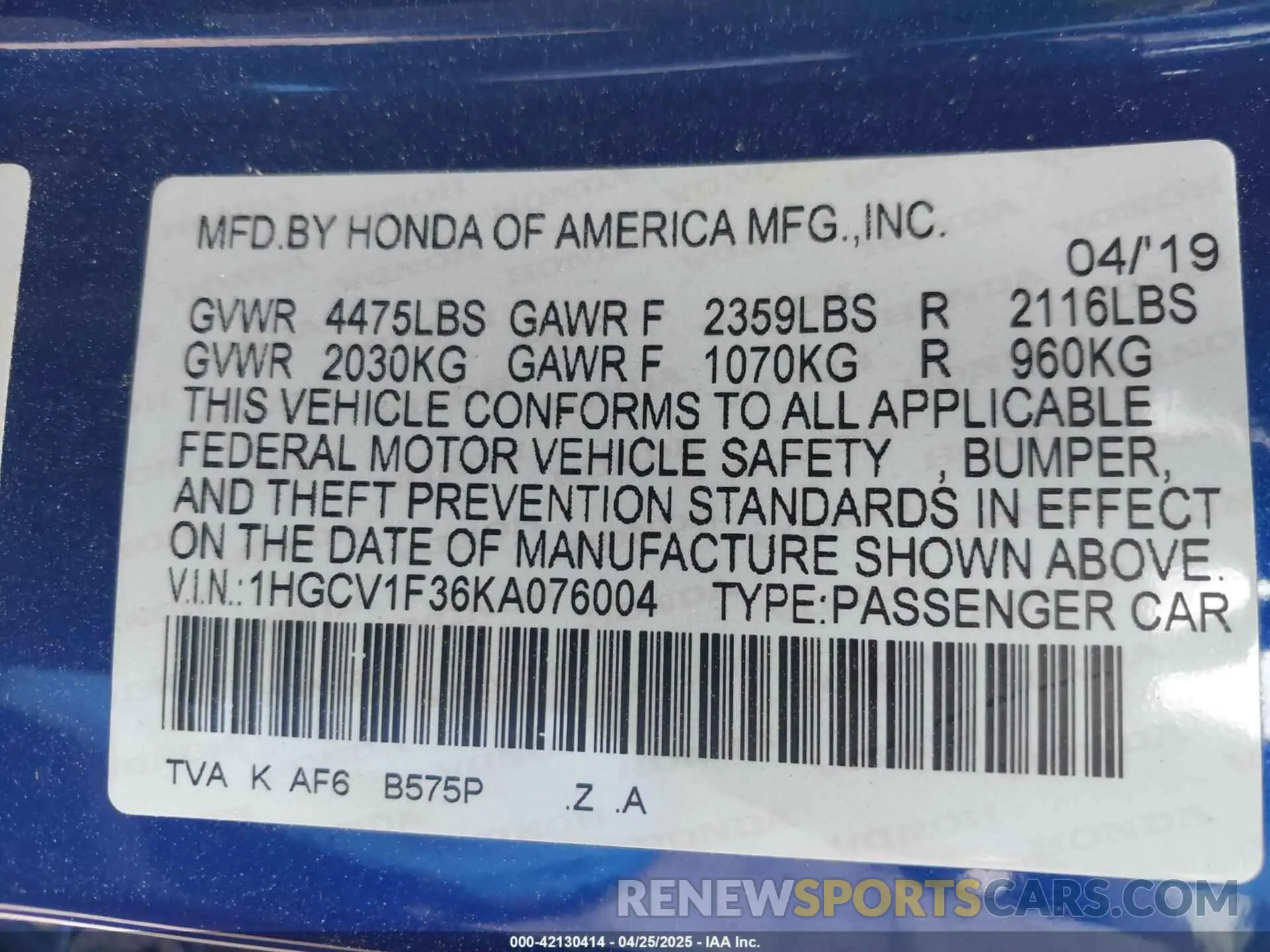 9 fotografías del automóvil dañado 1HGCV1F36KA076004 HONDA ACCORD 2019