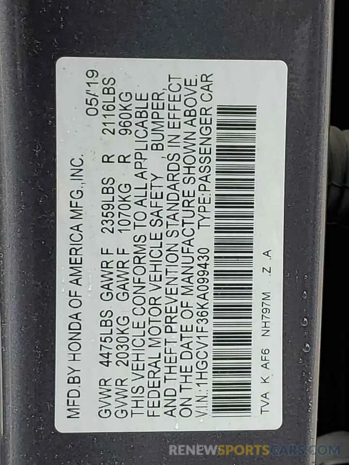 12 fotografías del automóvil dañado 1HGCV1F36KA099430 HONDA ACCORD 2019