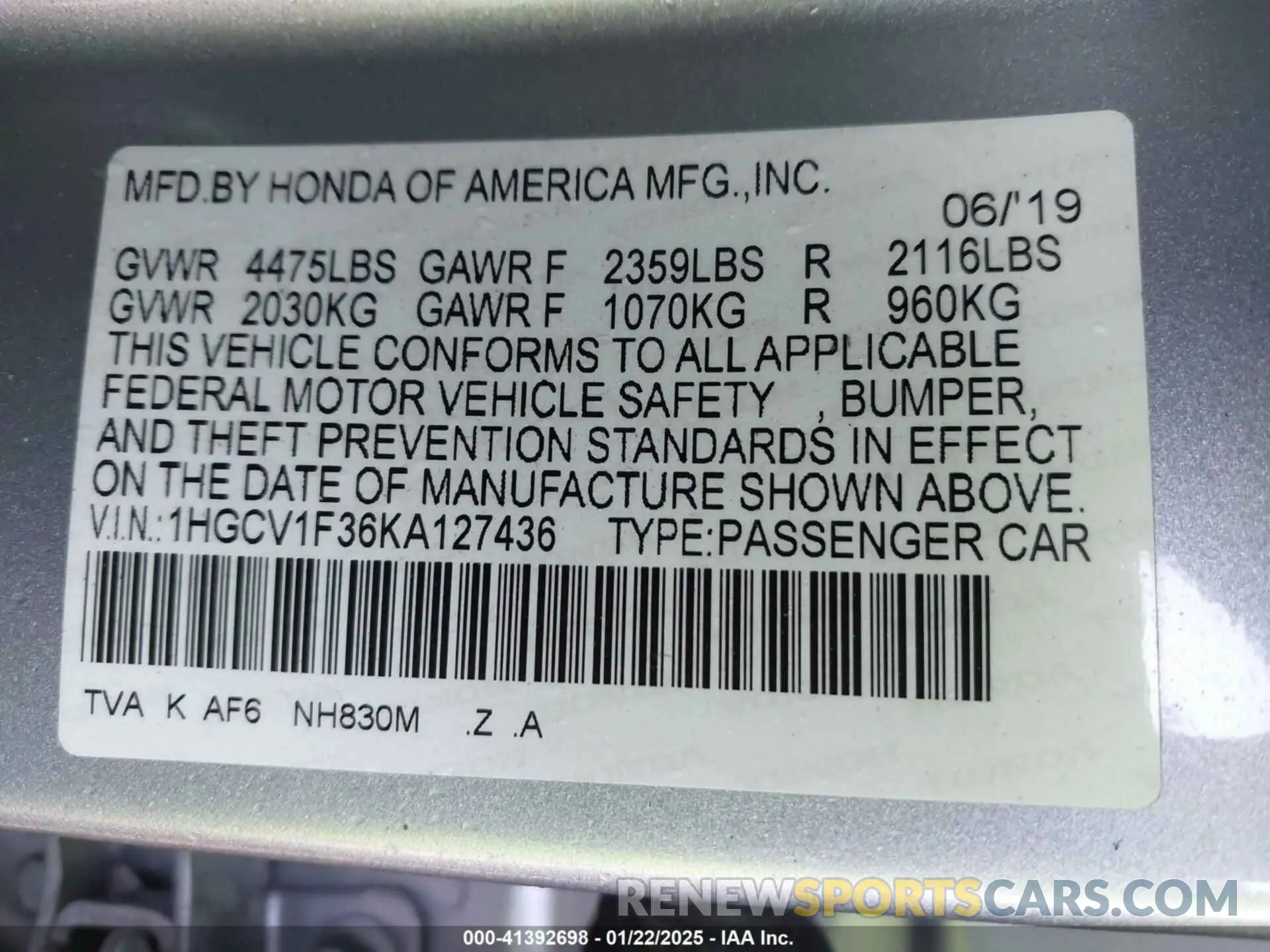 9 fotografías del automóvil dañado 1HGCV1F36KA127436 HONDA ACCORD 2019