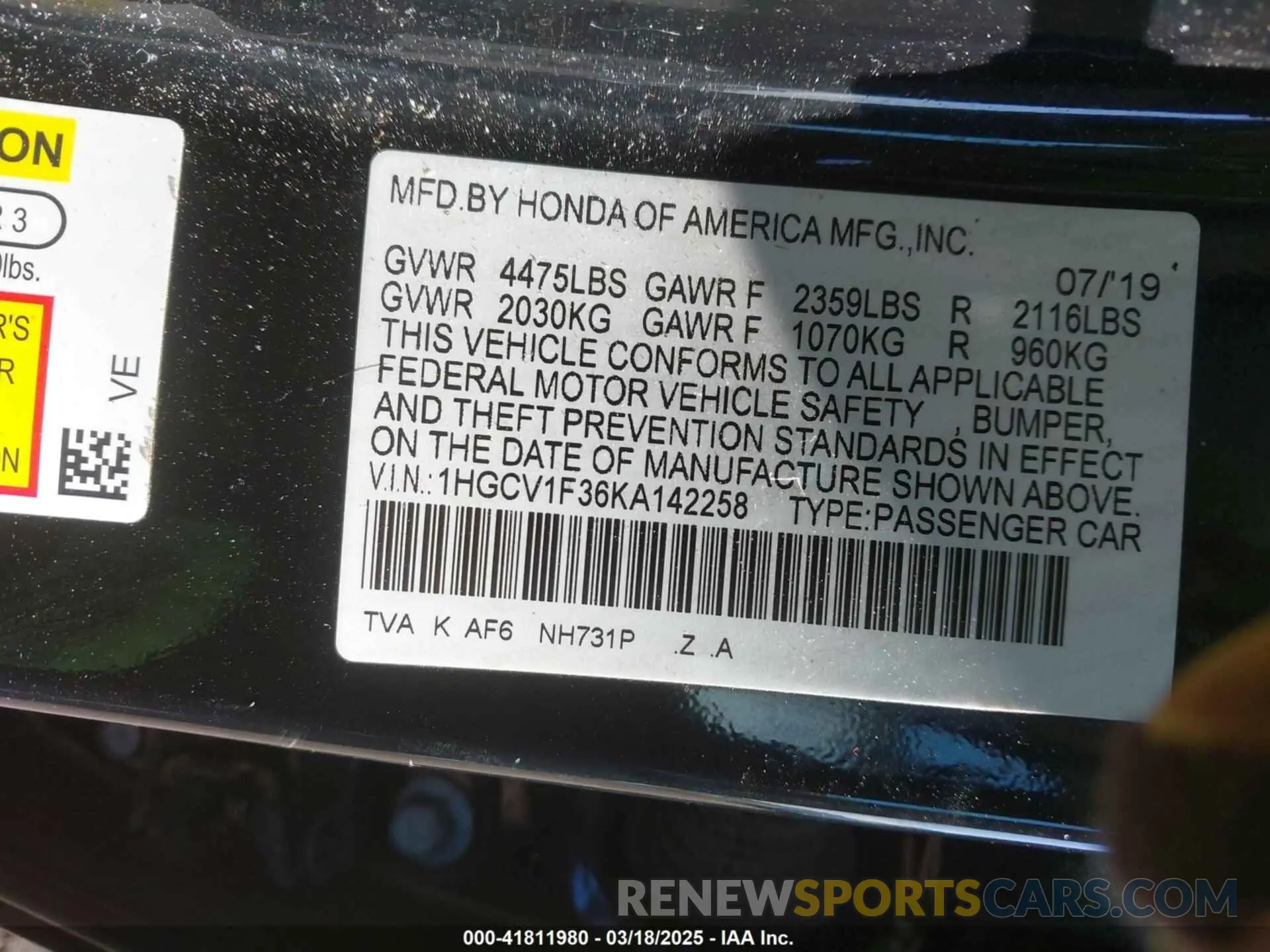 9 fotografías del automóvil dañado 1HGCV1F36KA142258 HONDA ACCORD 2019