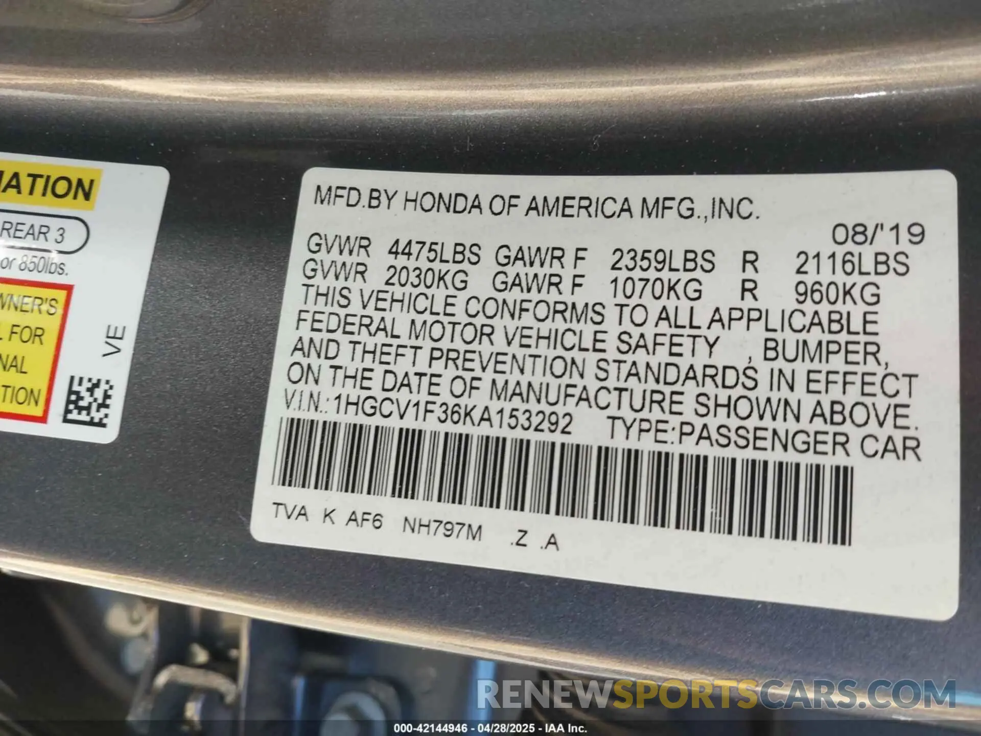 9 fotografías del automóvil dañado 1HGCV1F36KA153292 HONDA ACCORD 2019