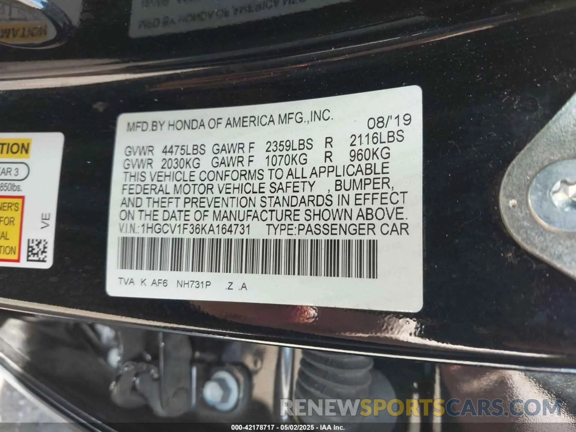 9 fotografías del automóvil dañado 1HGCV1F36KA164731 HONDA ACCORD 2019