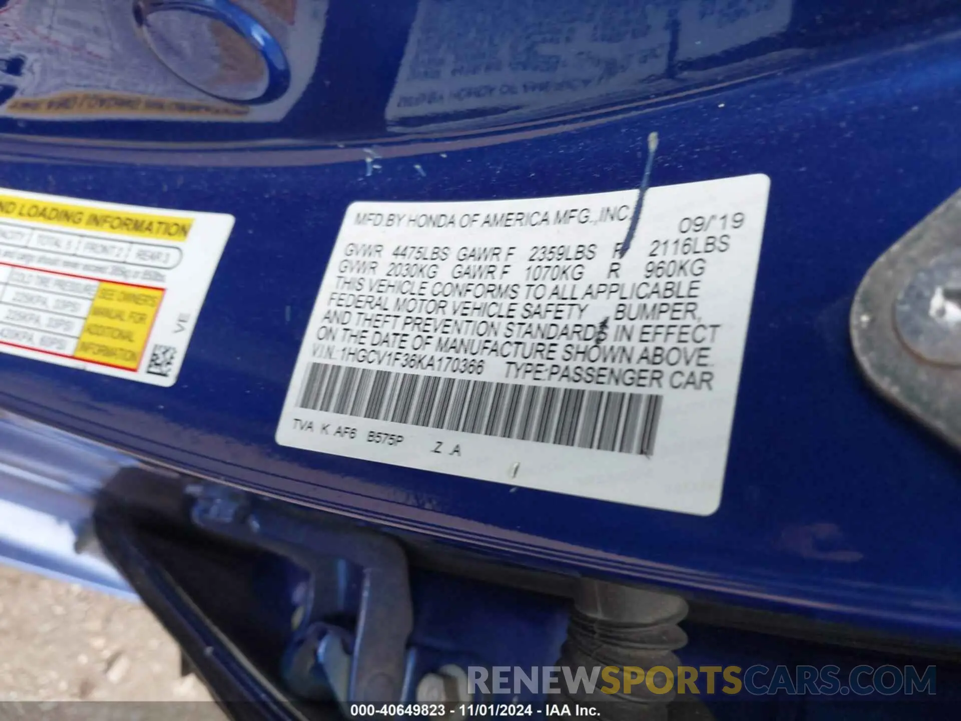 9 fotografías del automóvil dañado 1HGCV1F36KA170366 HONDA ACCORD 2019