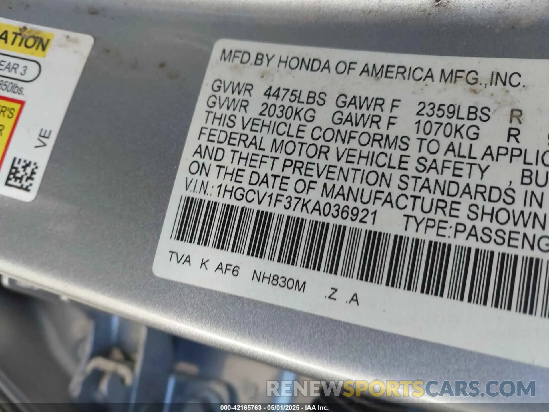 9 fotografías del automóvil dañado 1HGCV1F37KA036921 HONDA ACCORD 2019