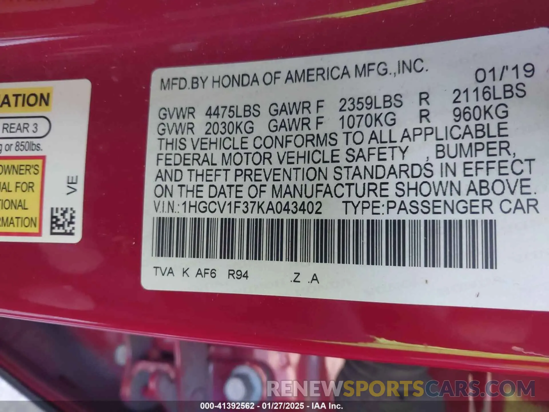 9 fotografías del automóvil dañado 1HGCV1F37KA043402 HONDA ACCORD 2019