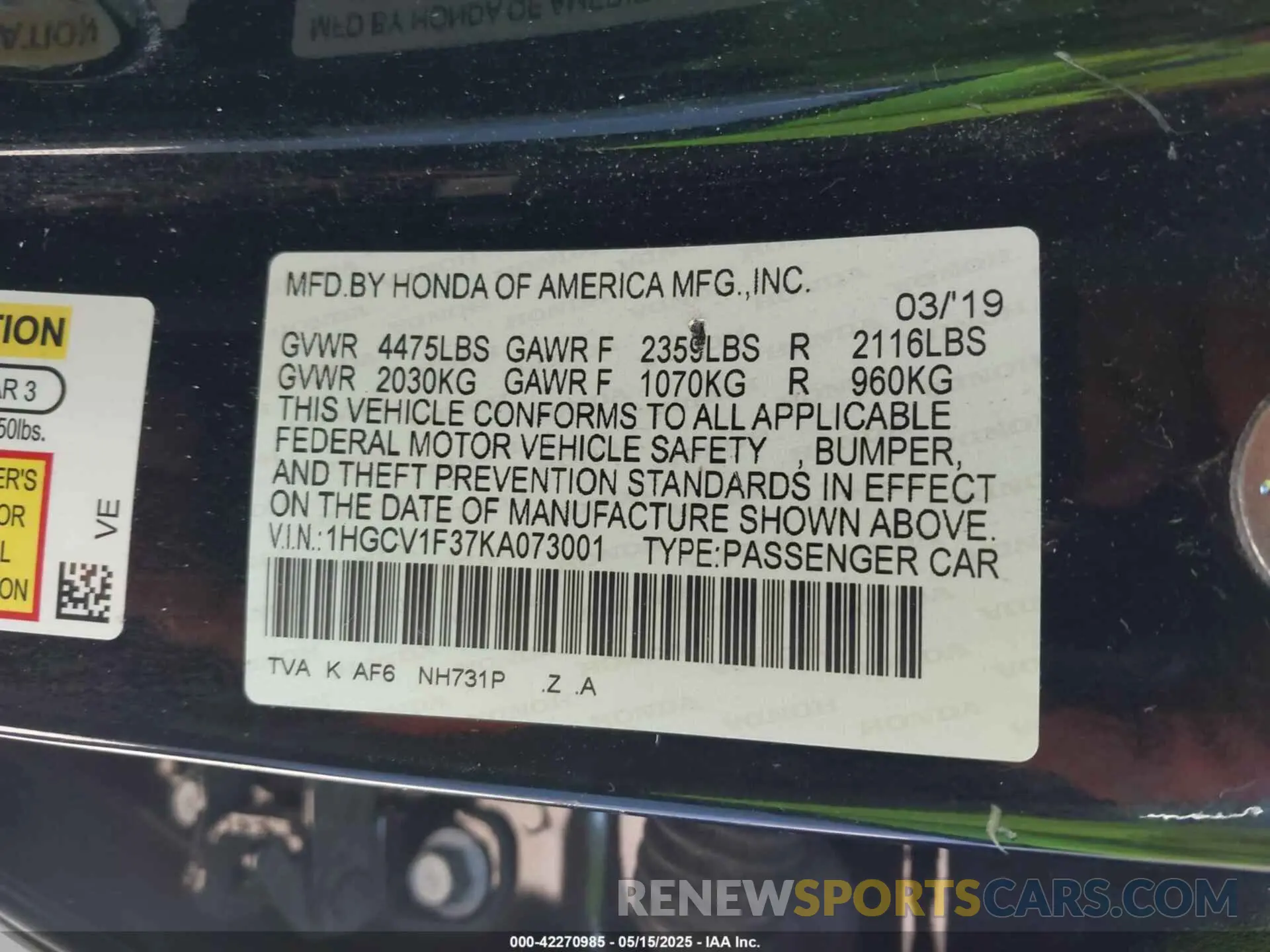 9 fotografías del automóvil dañado 1HGCV1F37KA073001 HONDA ACCORD 2019