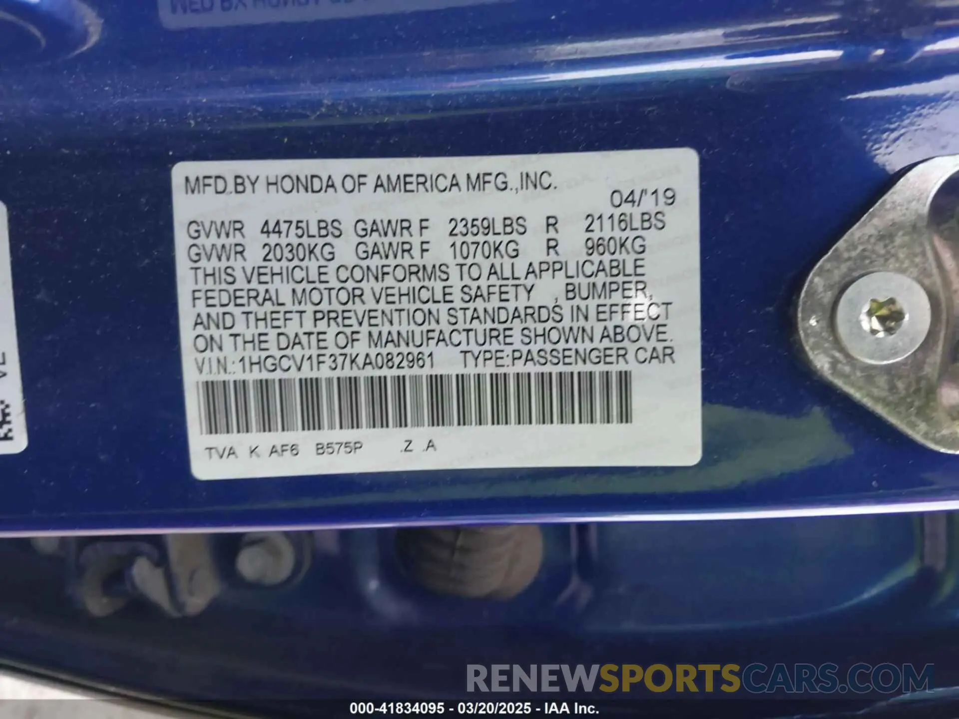 9 fotografías del automóvil dañado 1HGCV1F37KA082961 HONDA ACCORD 2019