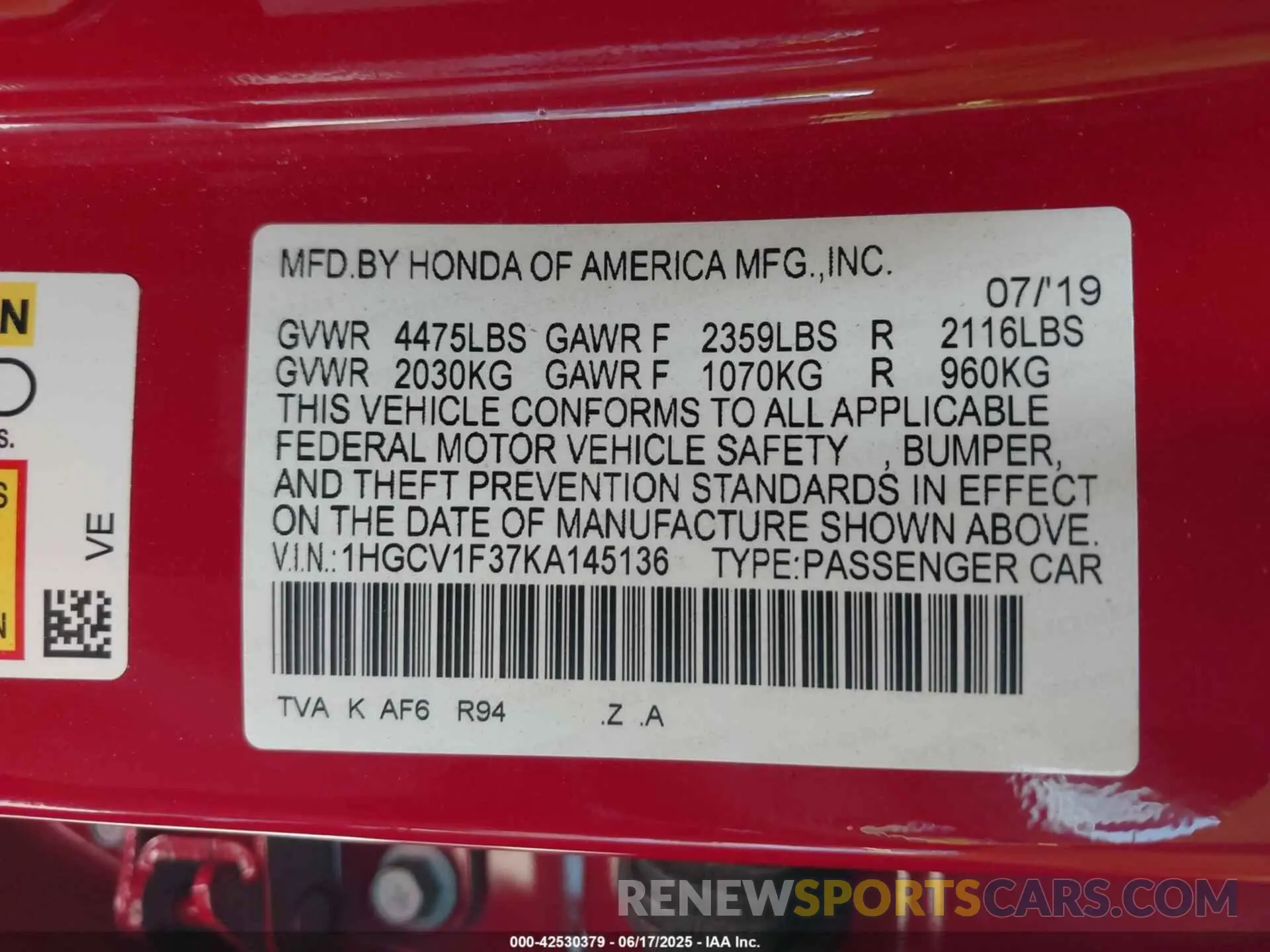 9 fotografías del automóvil dañado 1HGCV1F37KA145136 HONDA ACCORD 2019