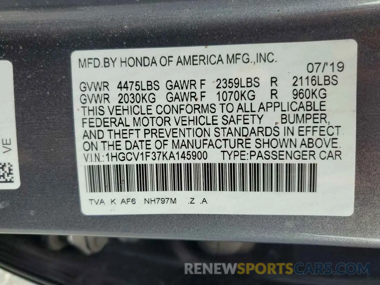 12 fotografías del automóvil dañado 1HGCV1F37KA145900 HONDA ACCORD 2019