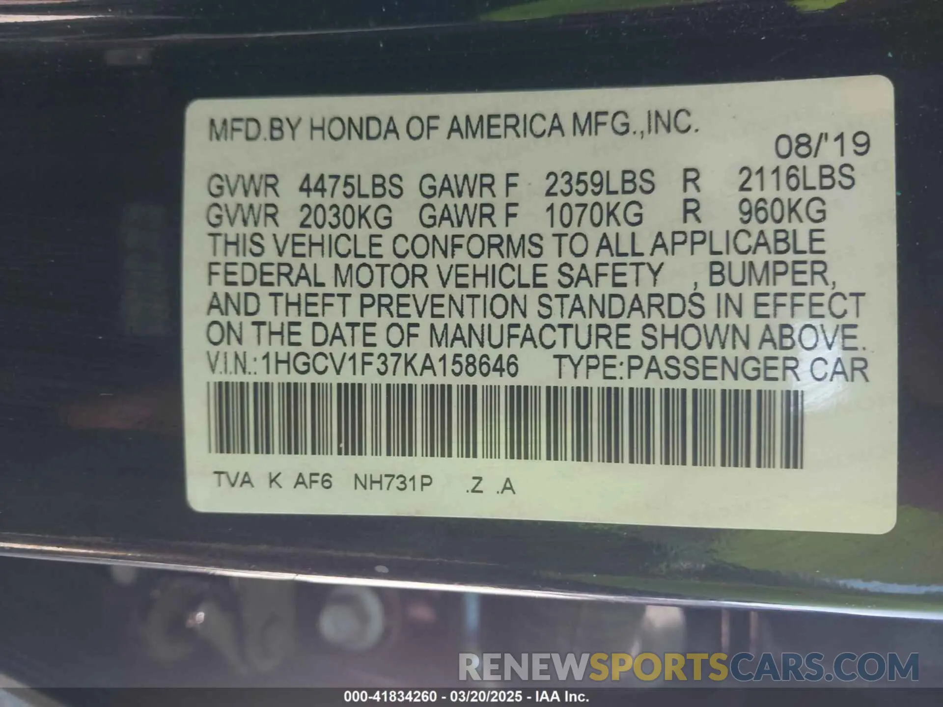 9 fotografías del automóvil dañado 1HGCV1F37KA158646 HONDA ACCORD 2019