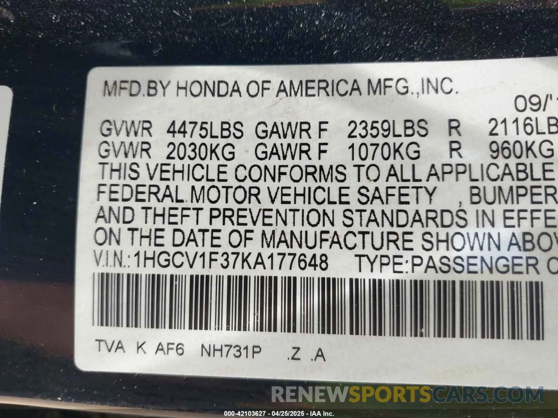 9 fotografías del automóvil dañado 1HGCV1F37KA177648 HONDA ACCORD 2019