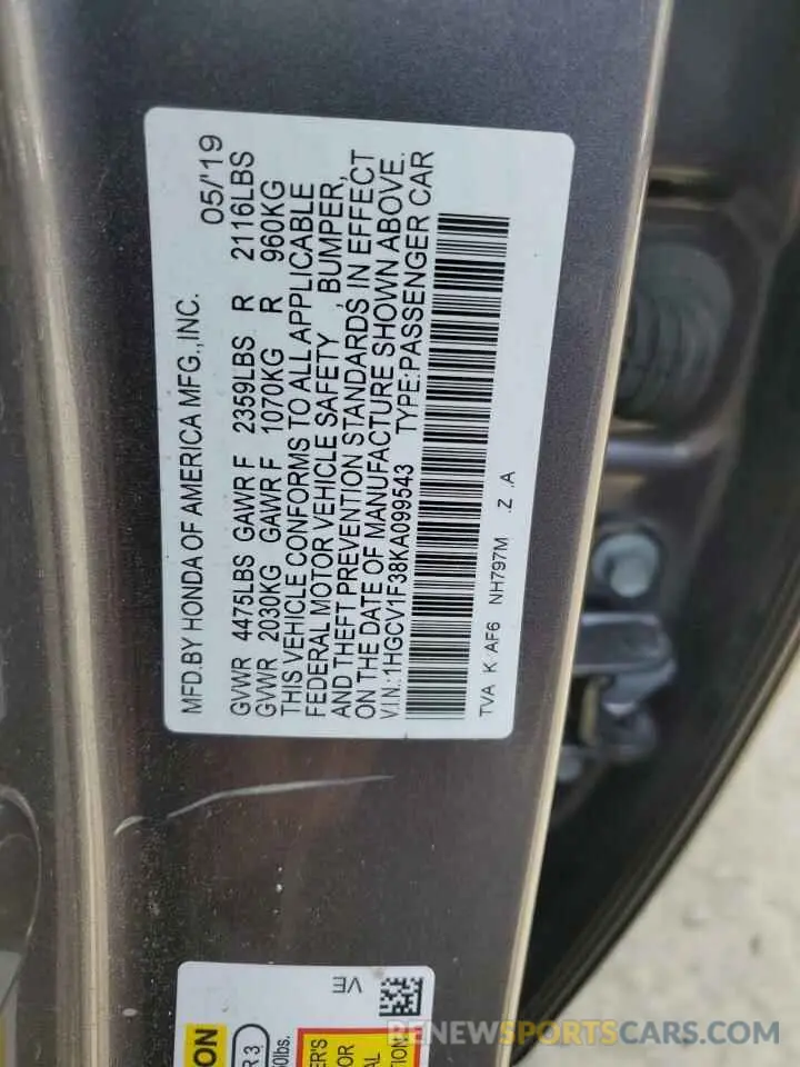 12 fotografías del automóvil dañado 1HGCV1F38KA099543 HONDA ACCORD 2019