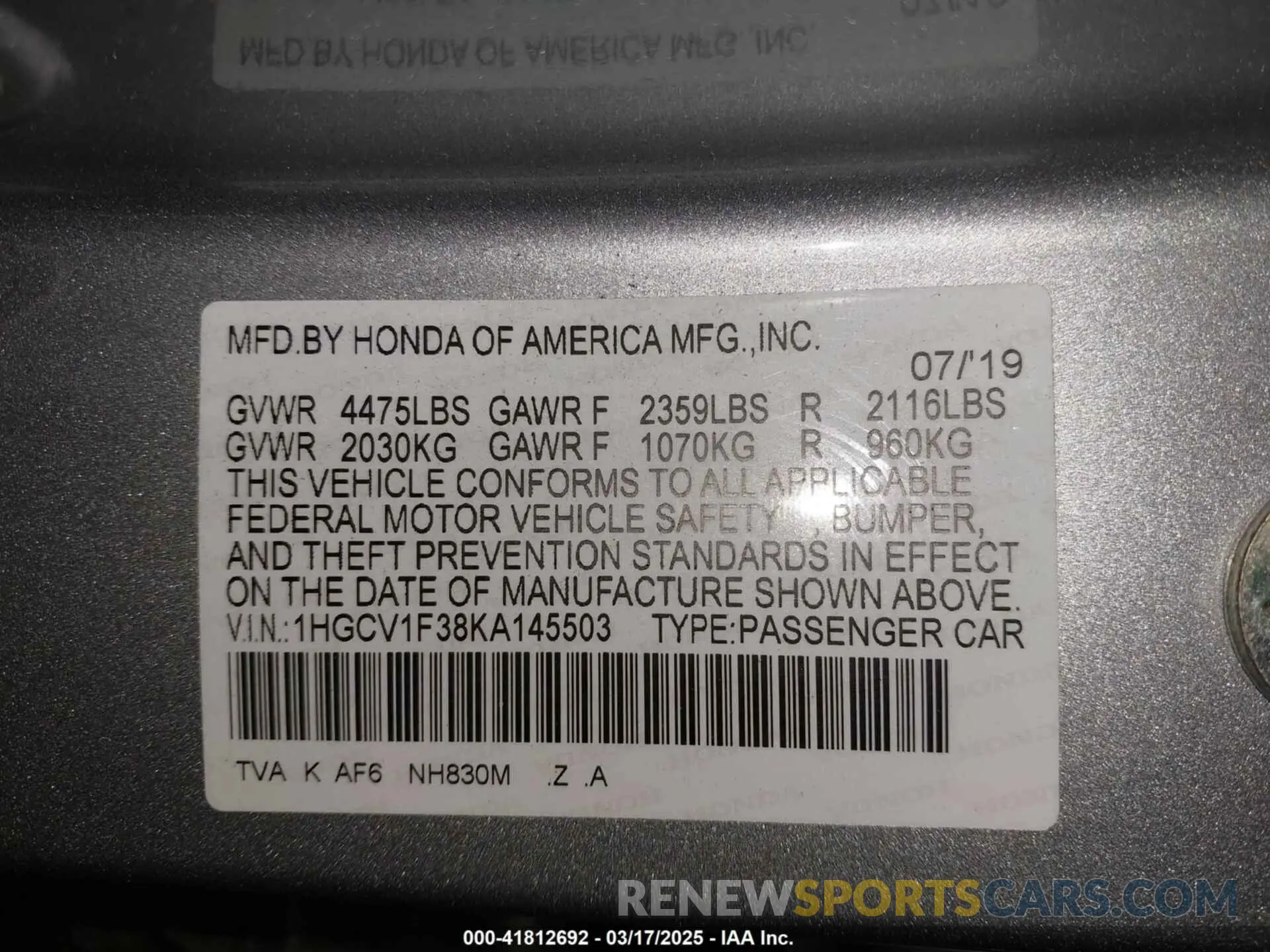 9 fotografías del automóvil dañado 1HGCV1F38KA145503 HONDA ACCORD 2019