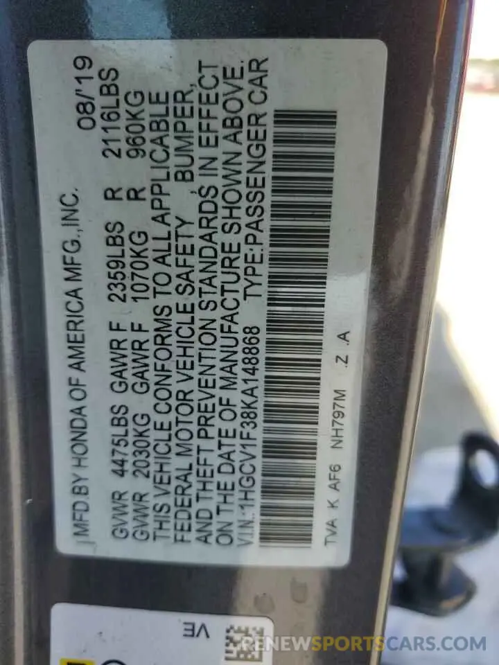 12 fotografías del automóvil dañado 1HGCV1F38KA148868 HONDA ACCORD 2019