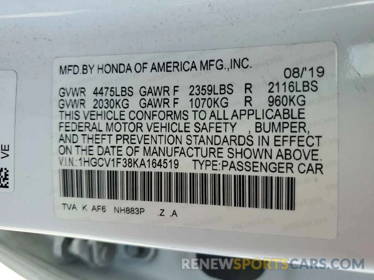 12 fotografías del automóvil dañado 1HGCV1F38KA164519 HONDA ACCORD 2019