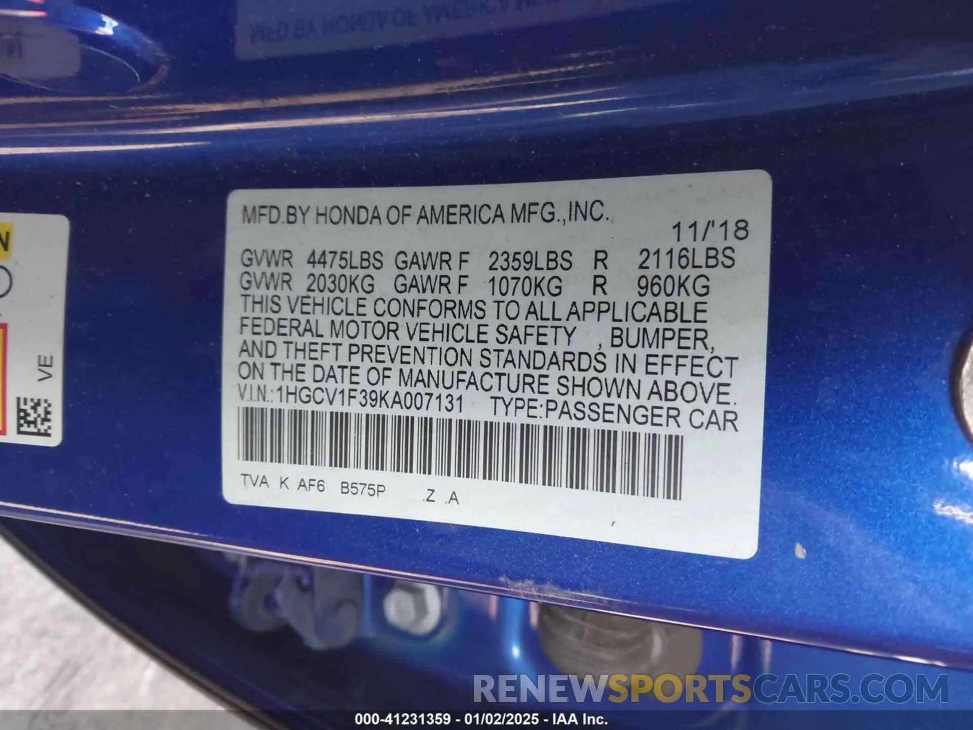 9 fotografías del automóvil dañado 1HGCV1F39KA007131 HONDA ACCORD 2019