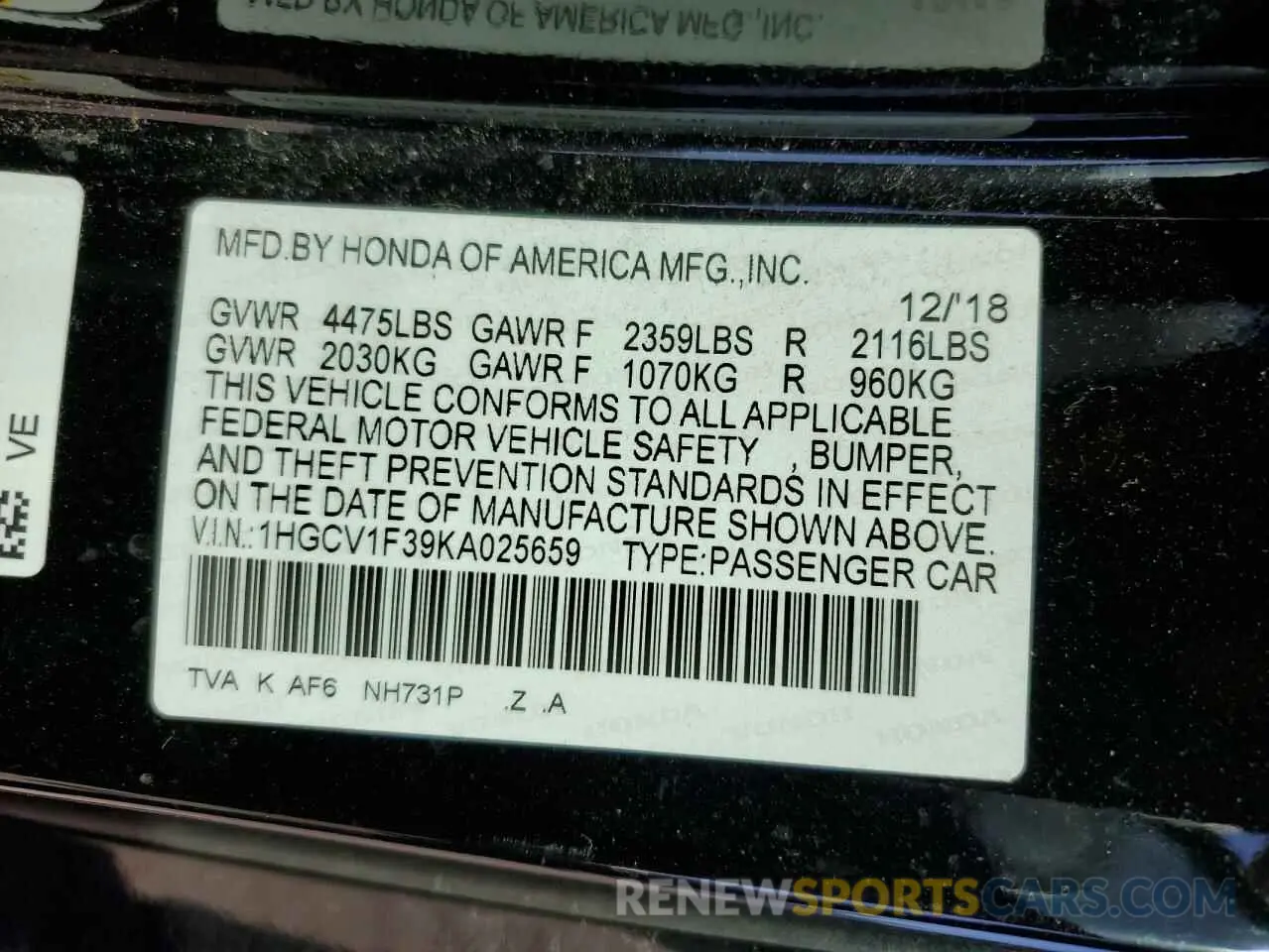 13 fotografías del automóvil dañado 1HGCV1F39KA025659 HONDA ACCORD 2019