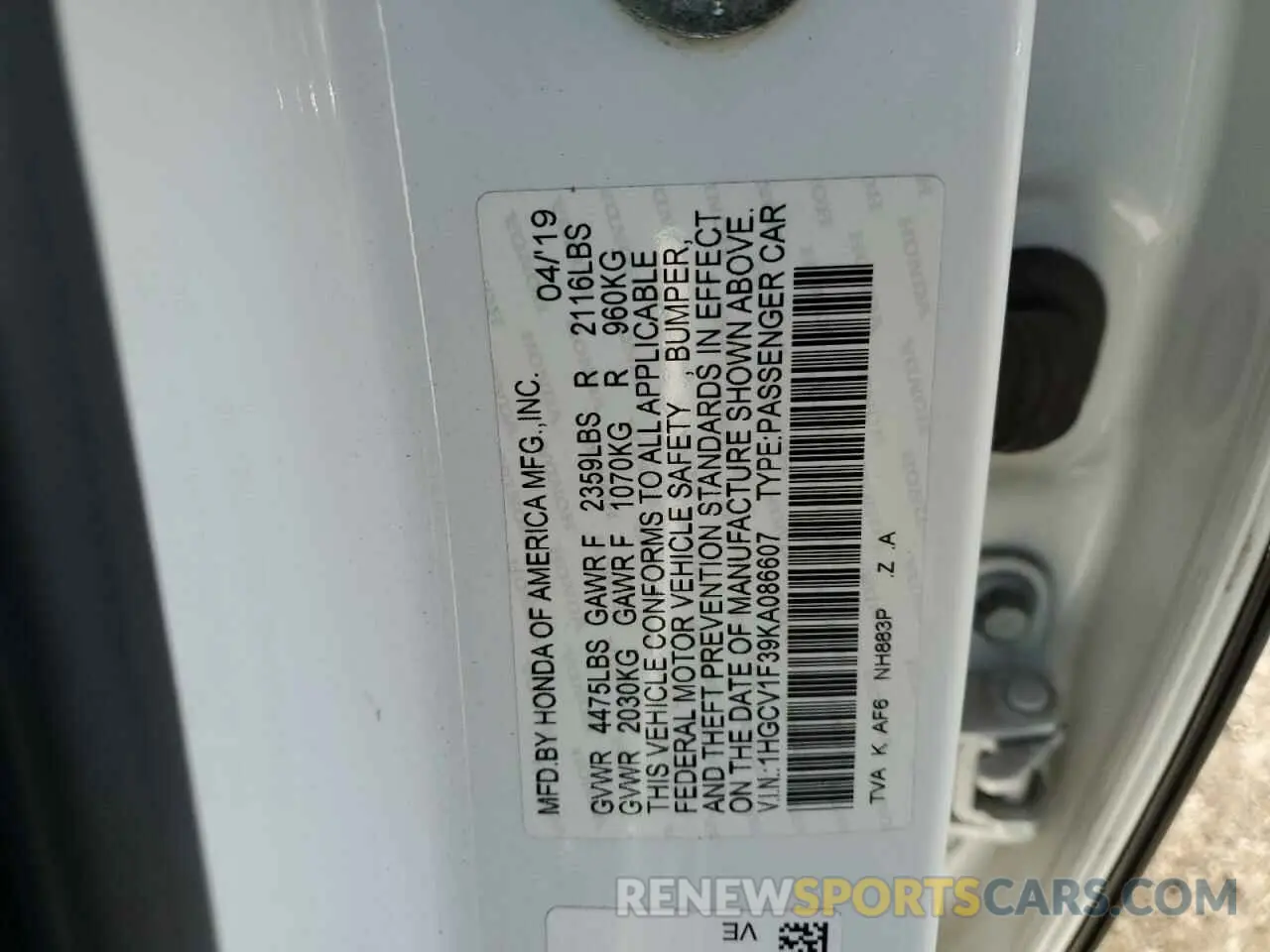 13 fotografías del automóvil dañado 1HGCV1F39KA086607 HONDA ACCORD 2019