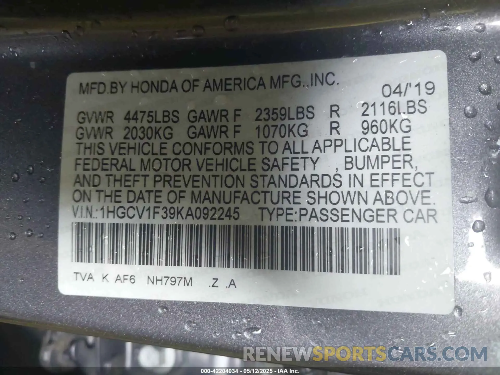 9 fotografías del automóvil dañado 1HGCV1F39KA092245 HONDA ACCORD 2019