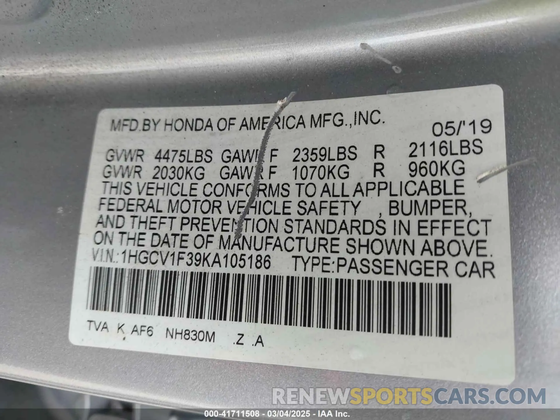 9 fotografías del automóvil dañado 1HGCV1F39KA105186 HONDA ACCORD 2019