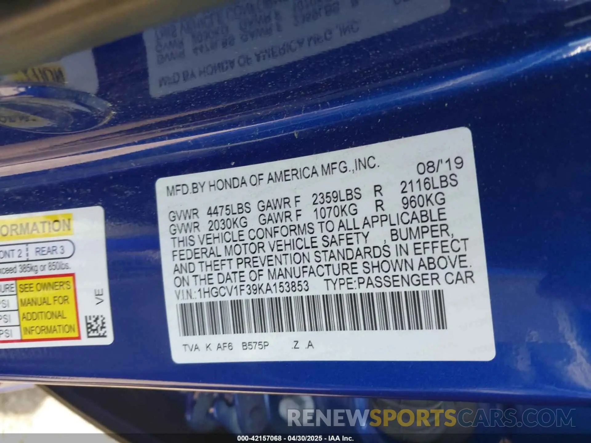 9 fotografías del automóvil dañado 1HGCV1F39KA153853 HONDA ACCORD 2019