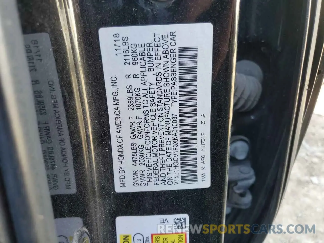 14 fotografías del automóvil dañado 1HGCV1F3XKA010037 HONDA ACCORD 2019