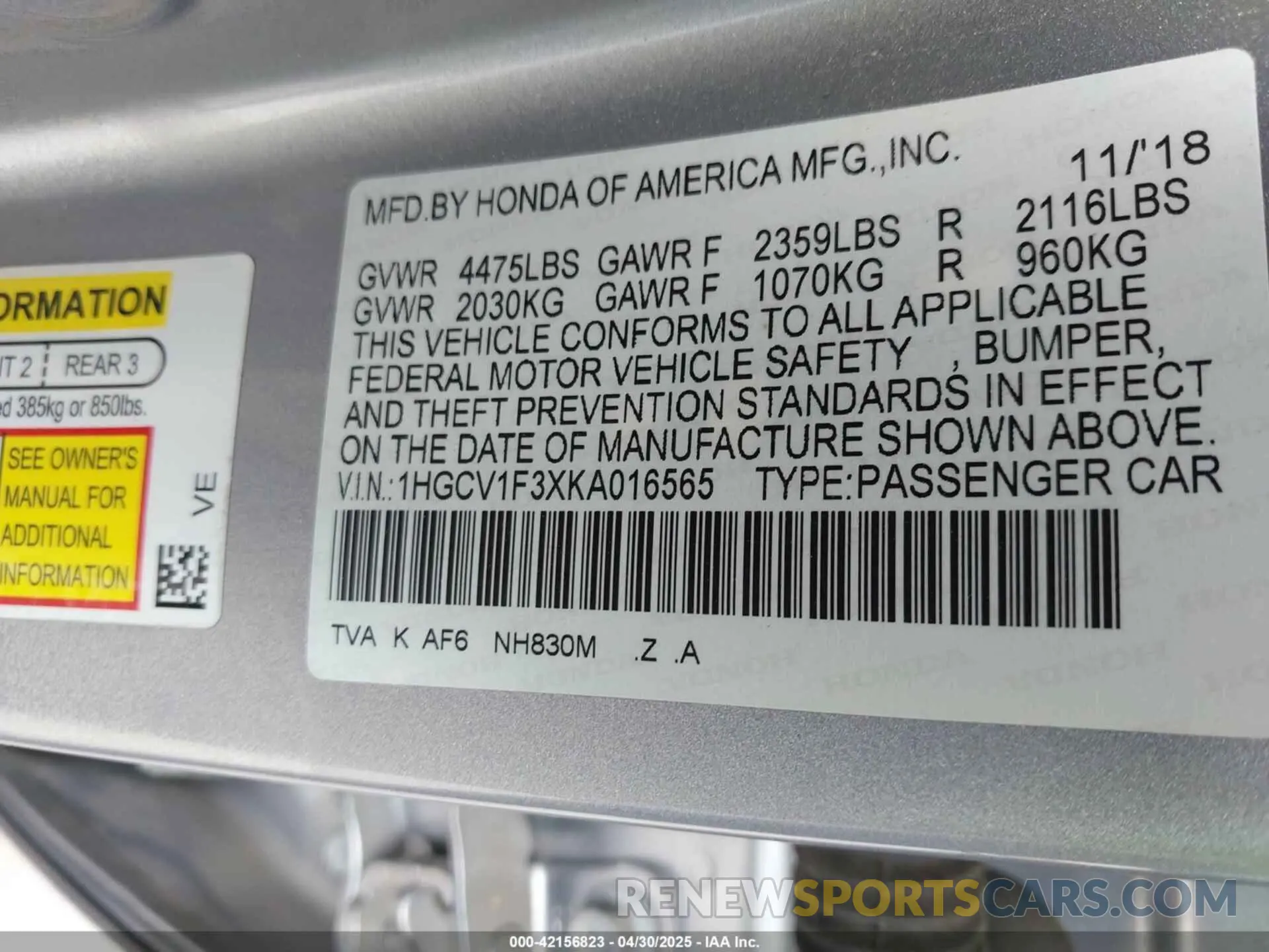 9 fotografías del automóvil dañado 1HGCV1F3XKA016565 HONDA ACCORD 2019