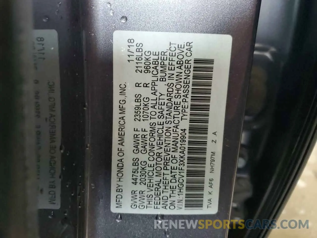 13 fotografías del automóvil dañado 1HGCV1F3XKA019904 HONDA ACCORD 2019