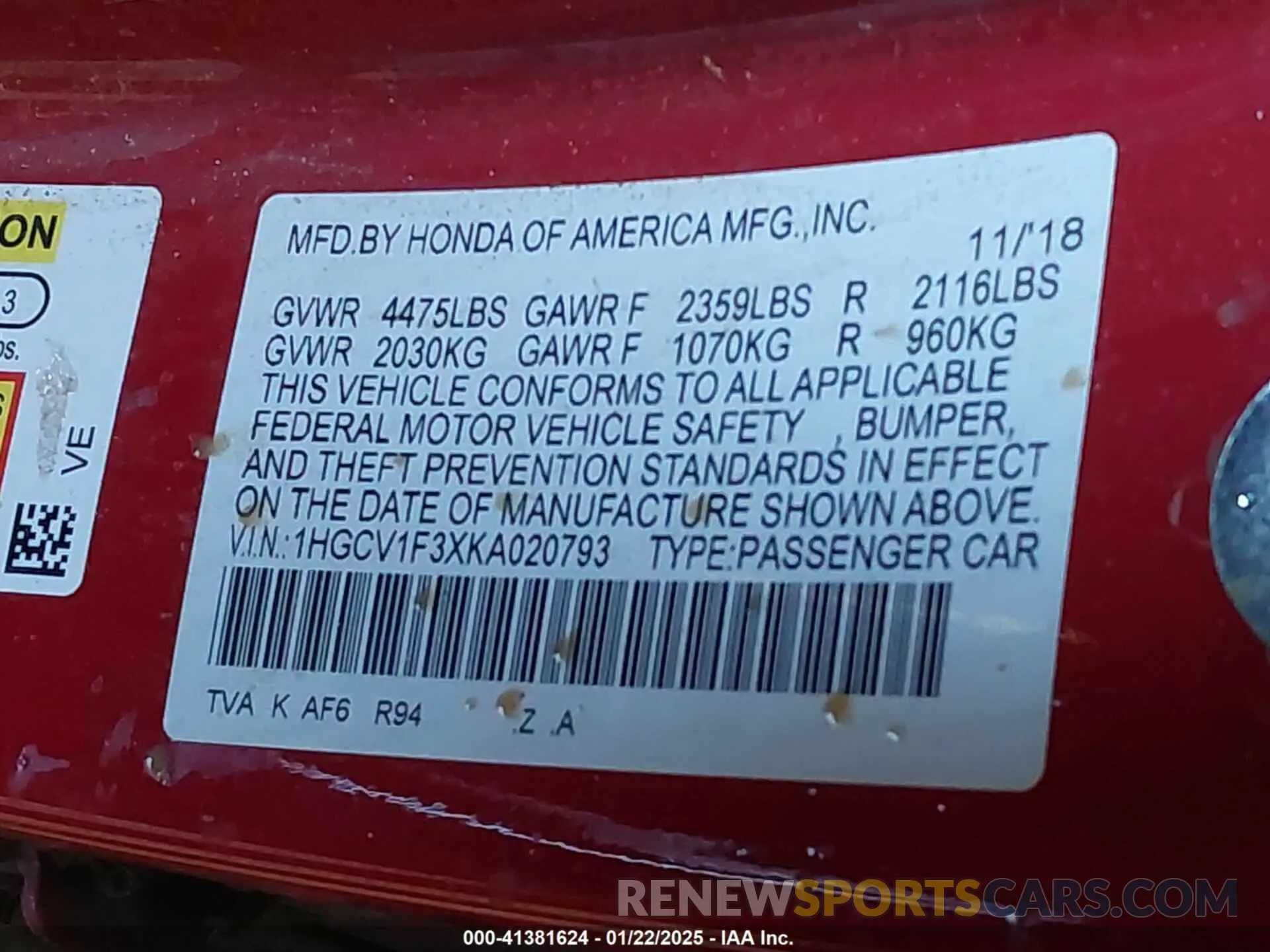 9 fotografías del automóvil dañado 1HGCV1F3XKA020793 HONDA ACCORD 2019