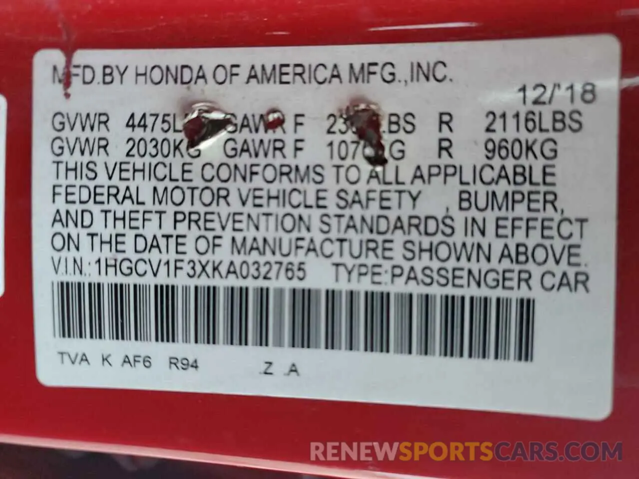 13 fotografías del automóvil dañado 1HGCV1F3XKA032765 HONDA ACCORD 2019