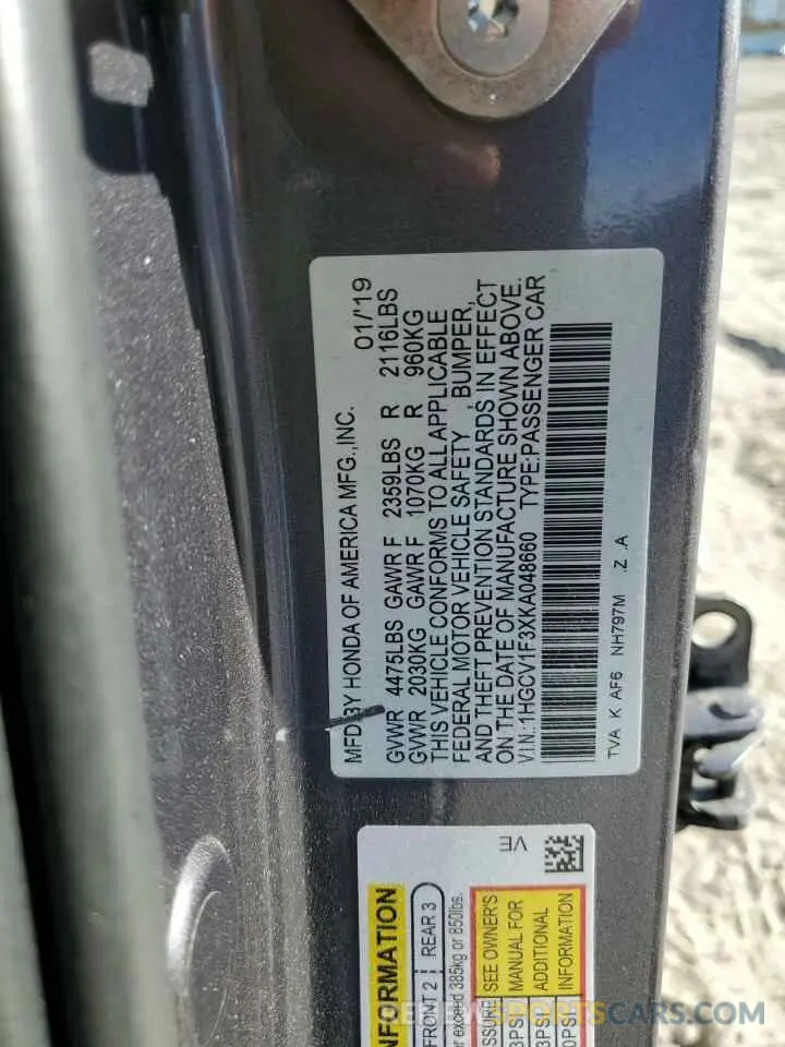 12 fotografías del automóvil dañado 1HGCV1F3XKA048660 HONDA ACCORD 2019