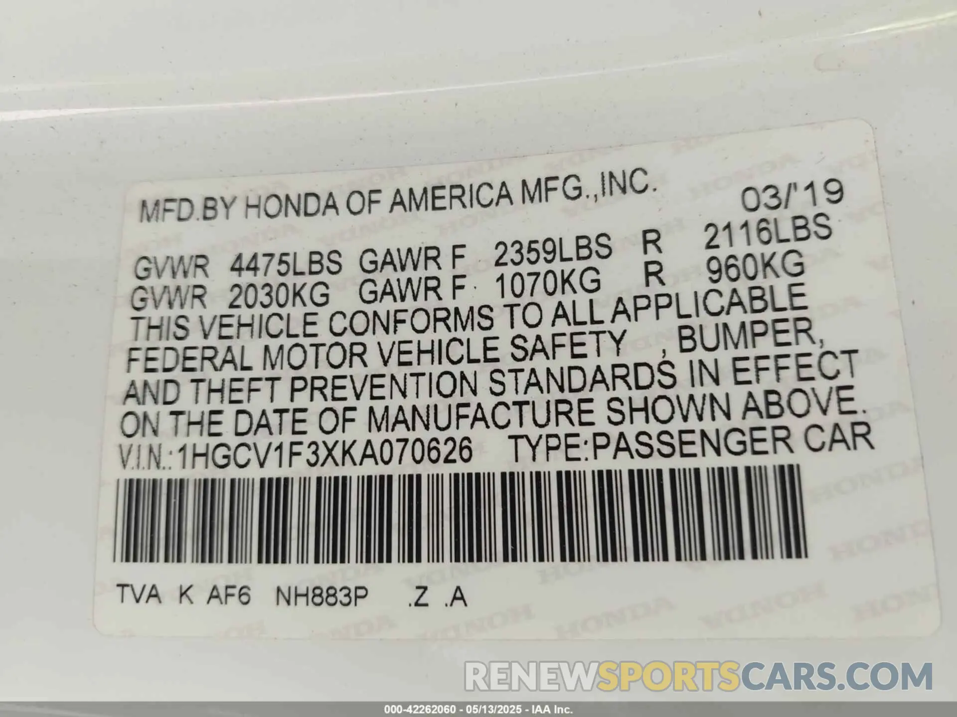 9 fotografías del automóvil dañado 1HGCV1F3XKA070626 HONDA ACCORD 2019
