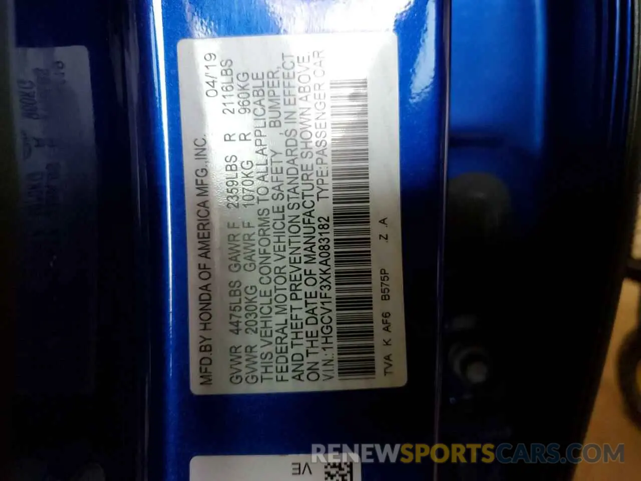 12 fotografías del automóvil dañado 1HGCV1F3XKA083182 HONDA ACCORD 2019