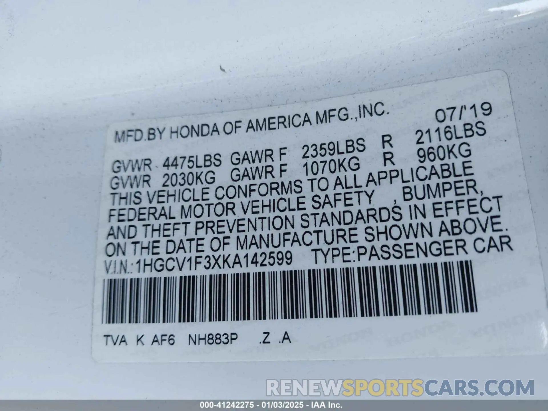 9 fotografías del automóvil dañado 1HGCV1F3XKA142599 HONDA ACCORD 2019