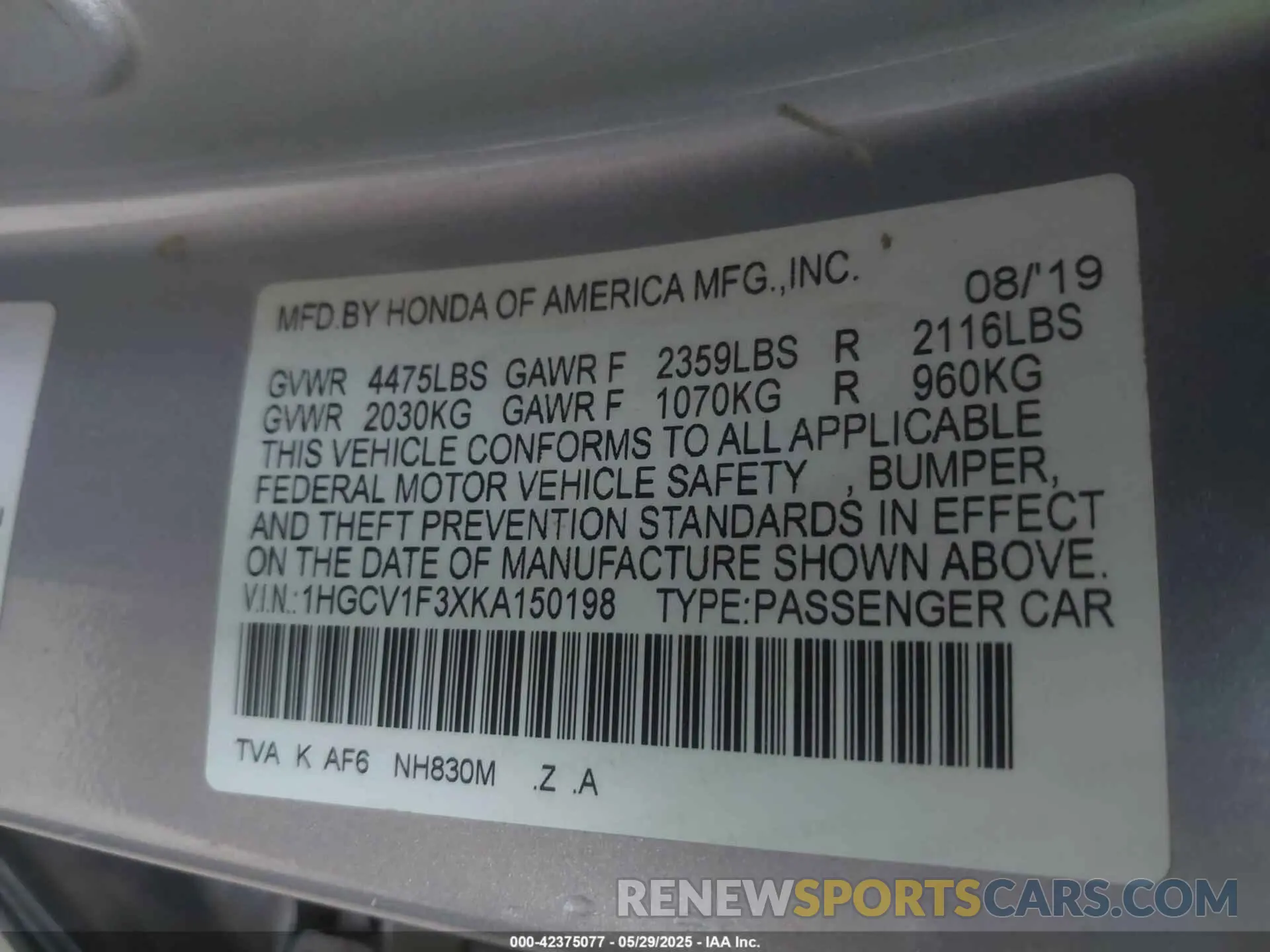 9 fotografías del automóvil dañado 1HGCV1F3XKA150198 HONDA ACCORD 2019