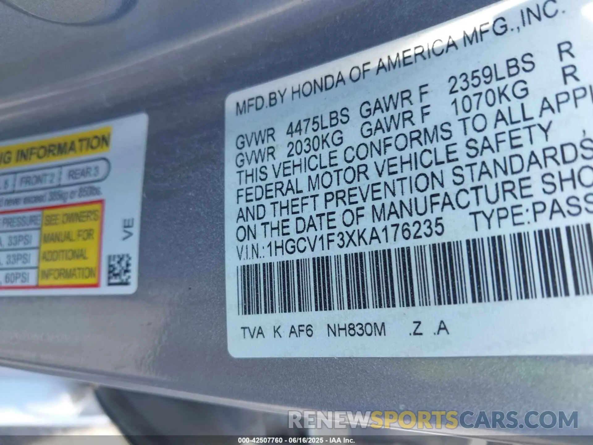 9 fotografías del automóvil dañado 1HGCV1F3XKA176235 HONDA ACCORD 2019