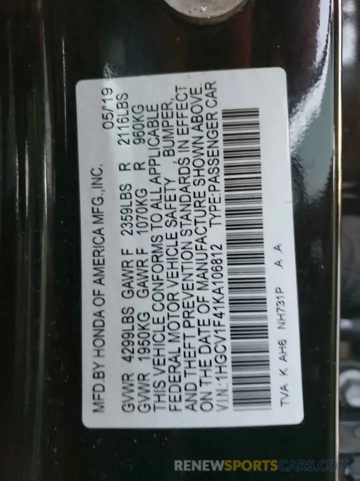 12 fotografías del automóvil dañado 1HGCV1F41KA106812 HONDA ACCORD 2019