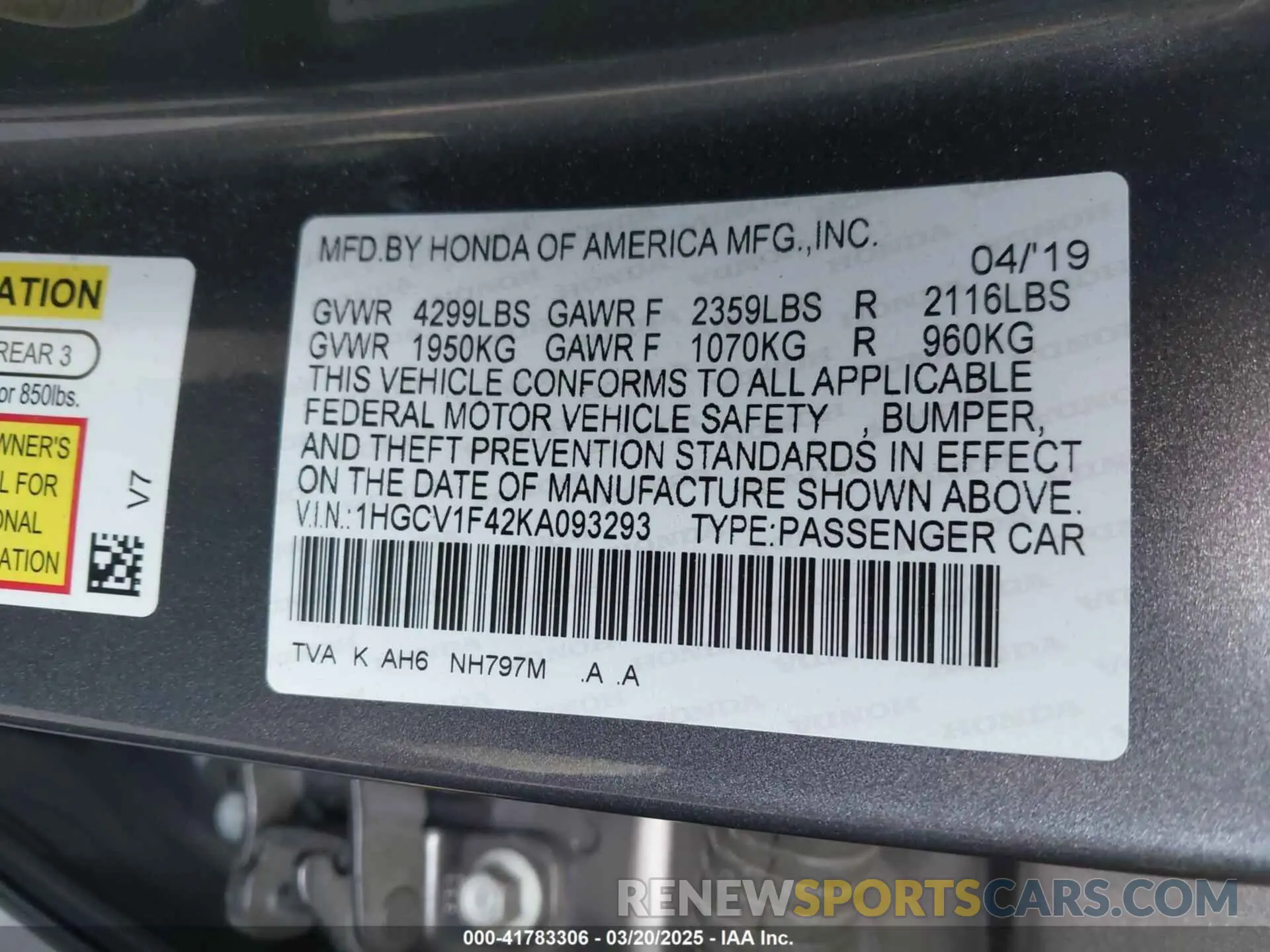 9 fotografías del automóvil dañado 1HGCV1F42KA093293 HONDA ACCORD 2019