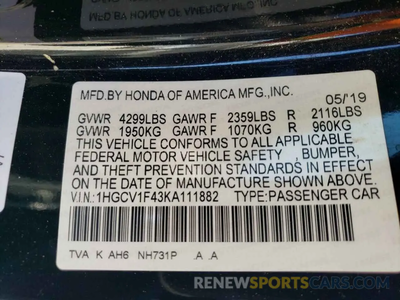 12 fotografías del automóvil dañado 1HGCV1F43KA111882 HONDA ACCORD 2019