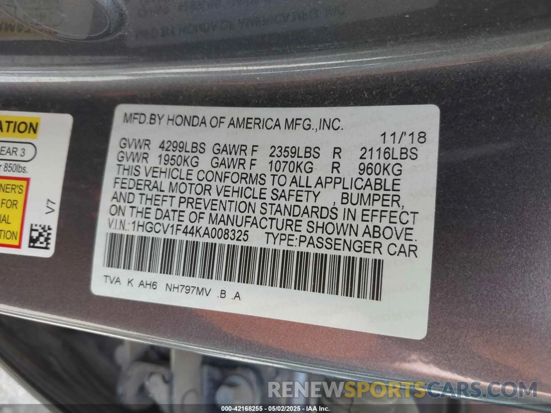 9 fotografías del automóvil dañado 1HGCV1F44KA008325 HONDA ACCORD 2019