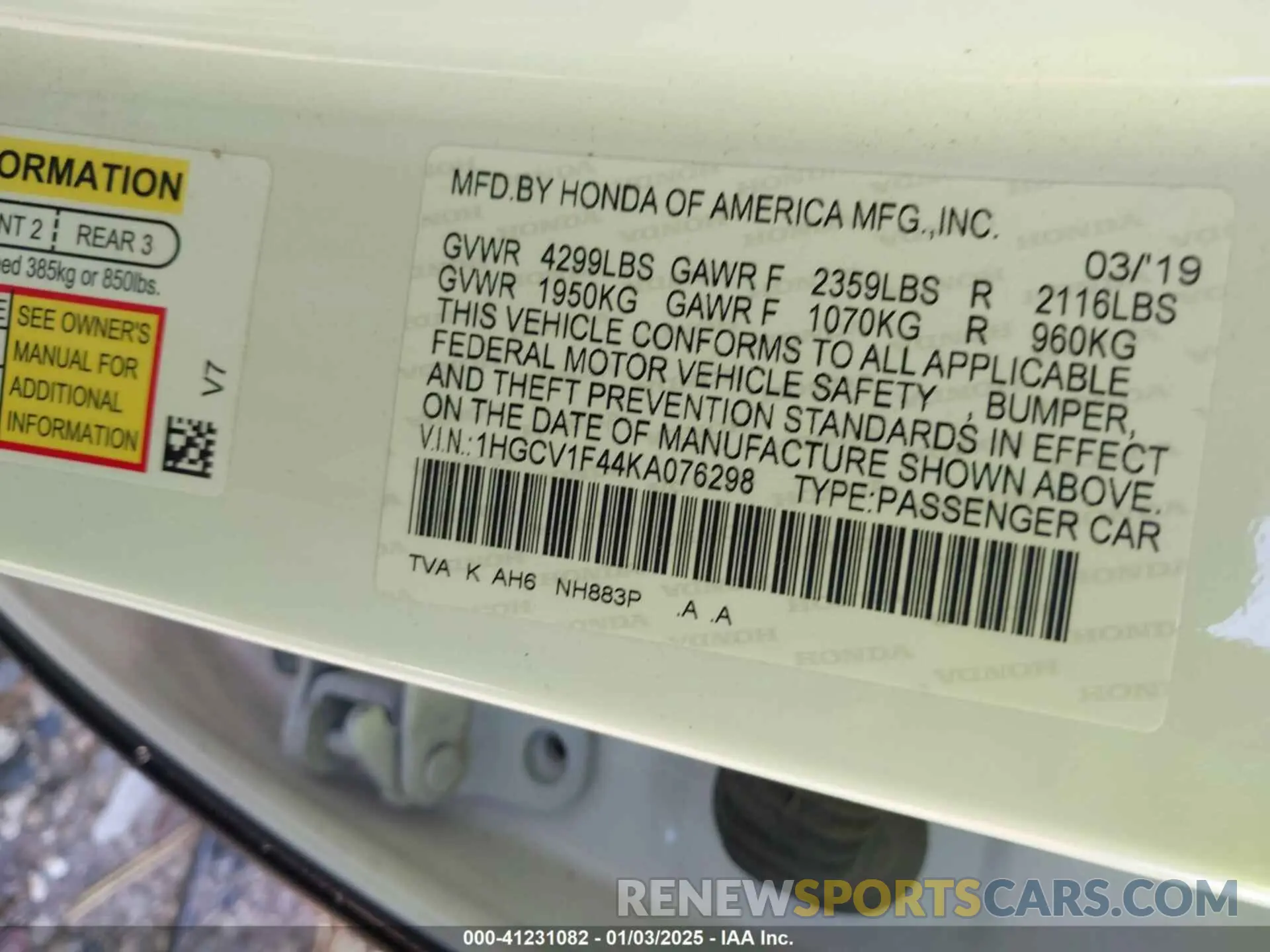 9 fotografías del automóvil dañado 1HGCV1F44KA076298 HONDA ACCORD 2019